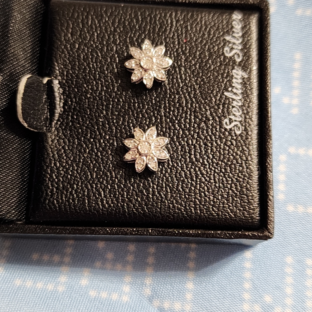 Macy's Sterling Silver Diamond Flower Earrings - Picture 2 of 3